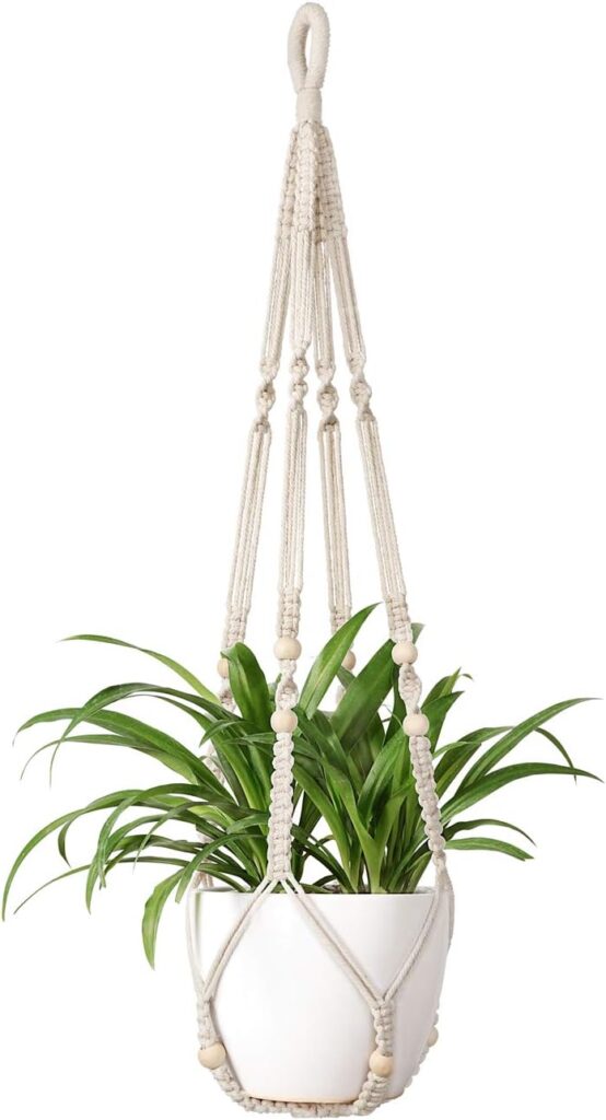 Mkono Macrame Plant Hanger Indoor Hanging Planter Basket with Wood Beads Decorative Flower Pot Holder No Tassels for Indoor Outdoor Boho Home Decor 35 Inch, Ivory (POTS NOT Included)