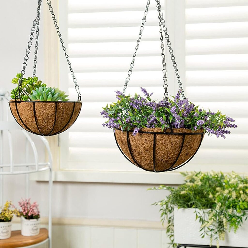 Orgrimmar 2 Pack 8 Metal Hanging Planter Basket with Coco Coir Liner, Small Round Wire Plant Holder with Hanging Chain for Hanging Plant and Flower