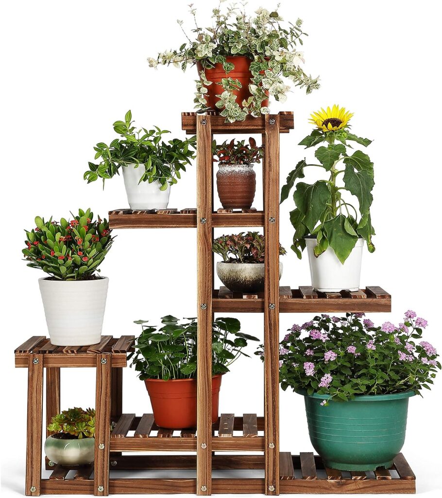 PETUPPY Plant Stand Indoor Outdoor, 7-tiers Tall Plant Shelf for Multiple Plants, Wood Display Rack Holder Garden Shelves Flower Stand, Living Room Patio Garden Balcony