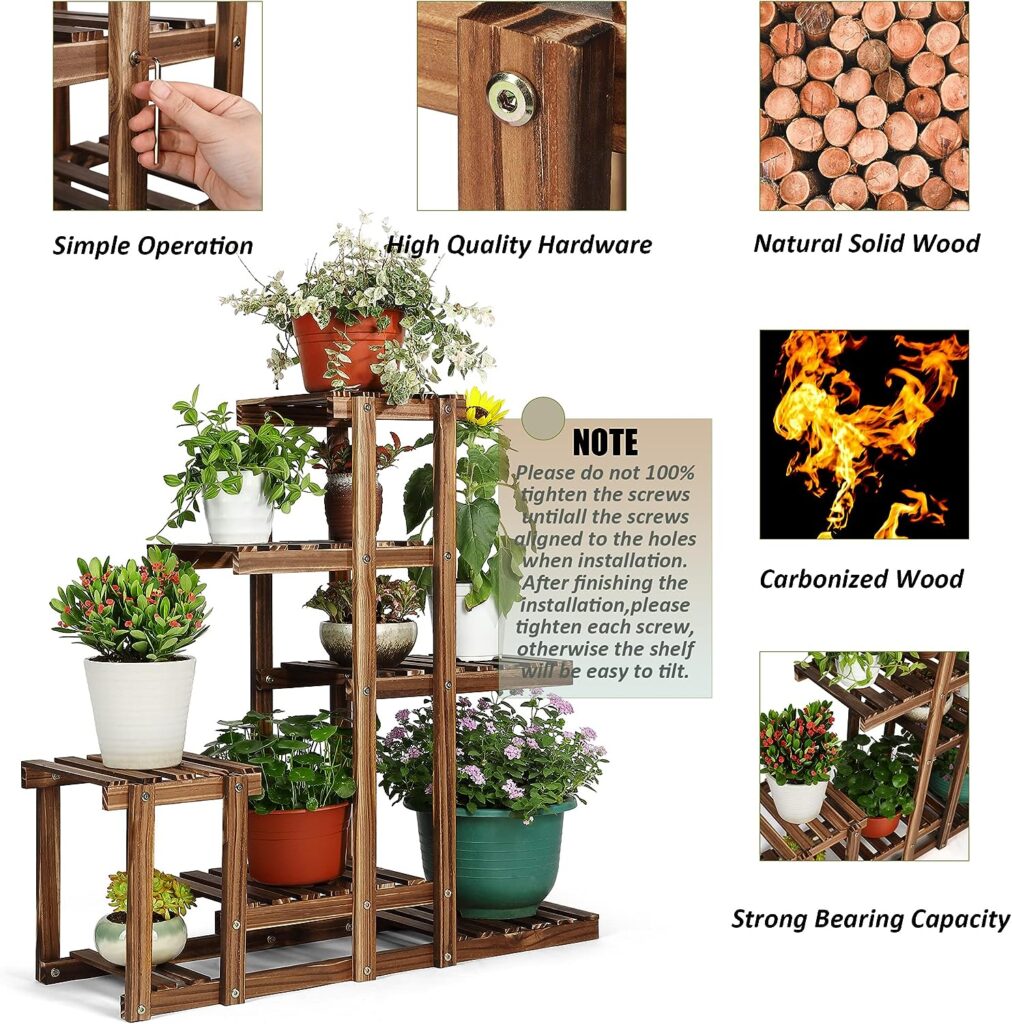 PETUPPY Plant Stand Indoor Outdoor, 7-tiers Tall Plant Shelf for Multiple Plants, Wood Display Rack Holder Garden Shelves Flower Stand, Living Room Patio Garden Balcony