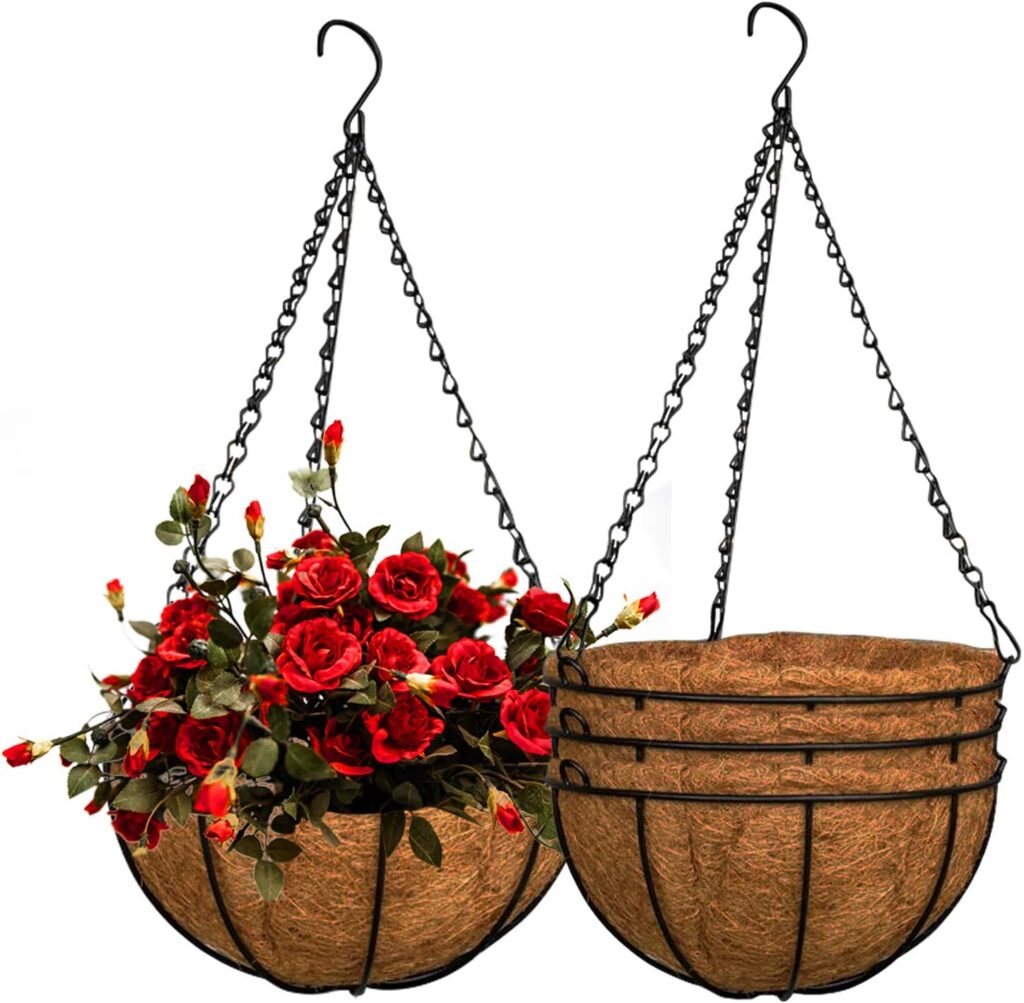 ZeeDix 3 Pack 10inch Metal Hanging Planter Basket with 10inch Coconut Coir Liner- Coconut Coir Liner with Black Chain for Porch Pots Hanger, Indoor Outdoor Plant Flower Pot, Garden Decorations